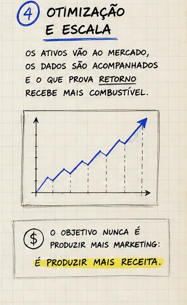 Etapa 4 — Otimização e escala: os ativos vão ao mercado, os dados são acompanhados e o que prova retorno recebe mais combustível. O objetivo nunca é produzir mais marketing: é produzir mais receita.